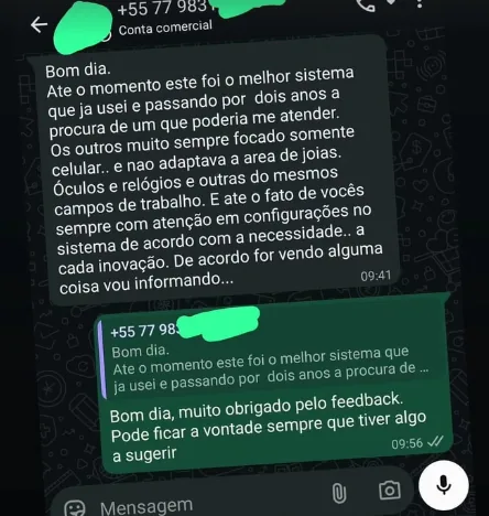 Mensagem de cliente do Protrole elogiando o sistema e o suporte, número 3
