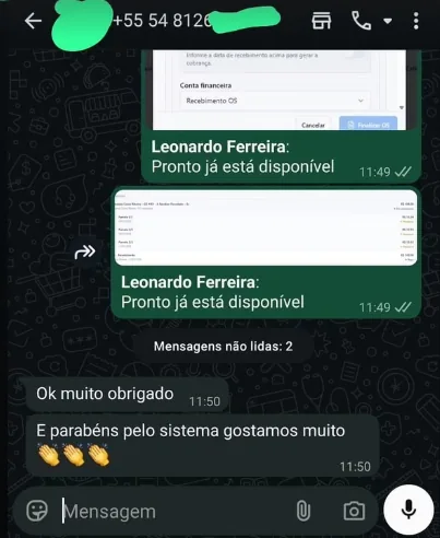Mensagem de cliente do Protrole elogiando o sistema e o suporte, número 4