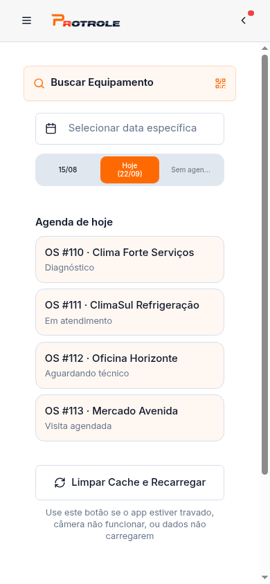 Agenda real do aplicativo do técnico com quatro ordens de serviço no dia