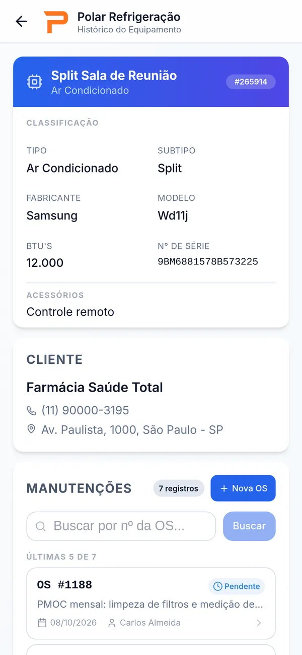 Ficha do equipamento com histórico de manutenções no aplicativo