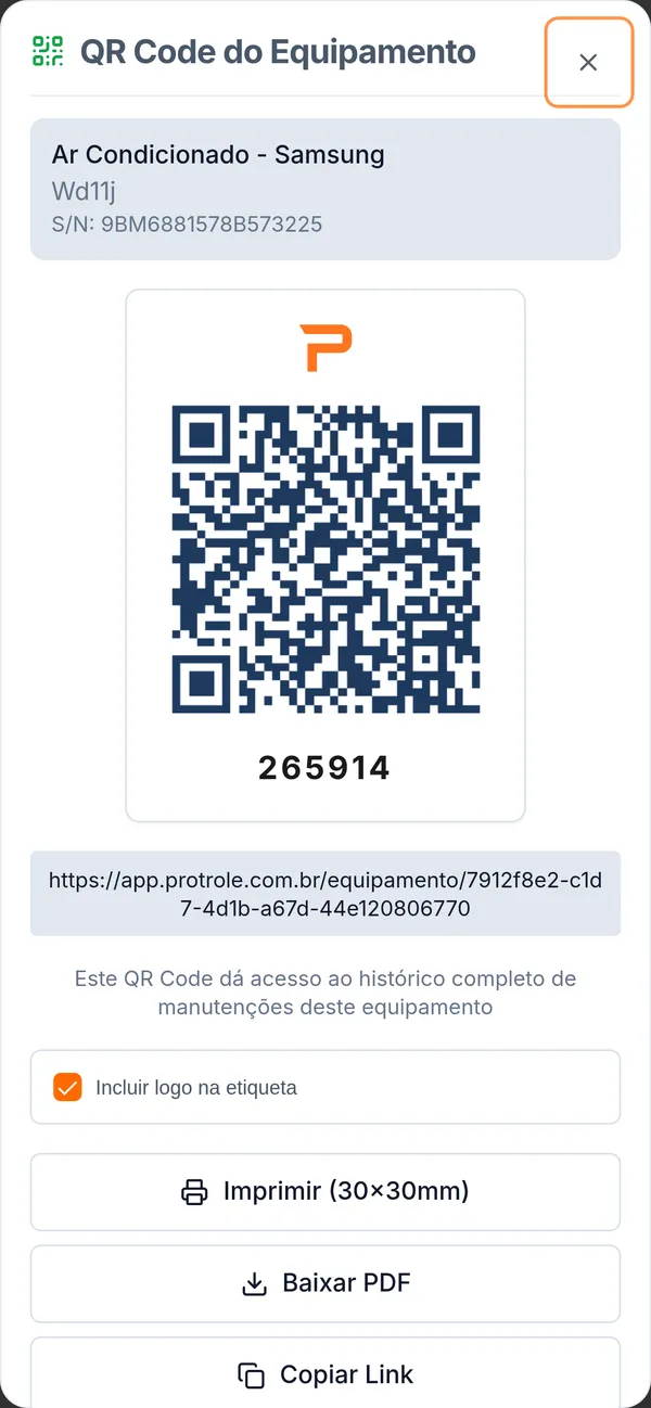 QR code do equipamento no aplicativo, com impressão de etiqueta e histórico