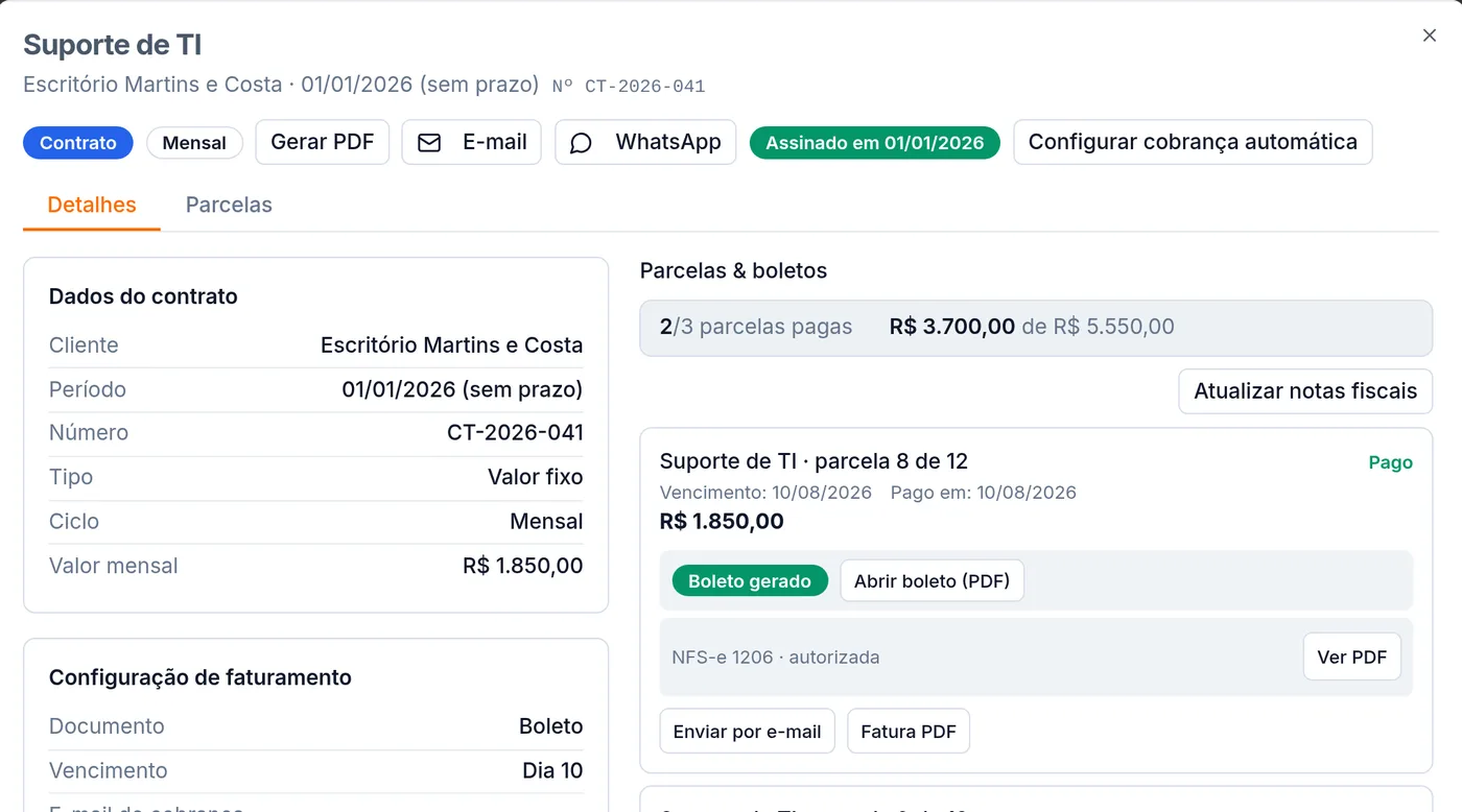 Contrato com parcelas pagas, boleto gerado e NFS-e autorizada
