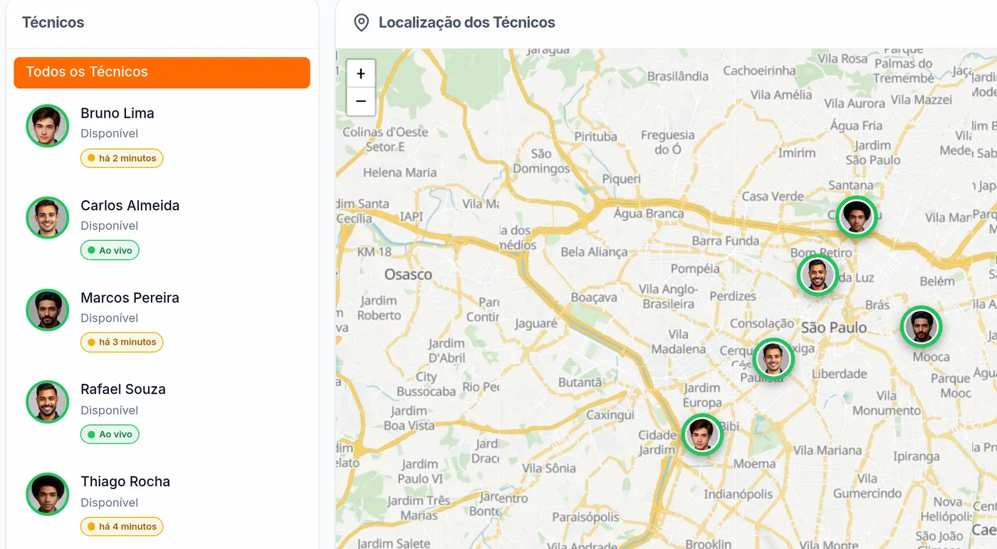 Mapa com a localização dos técnicos em tempo real